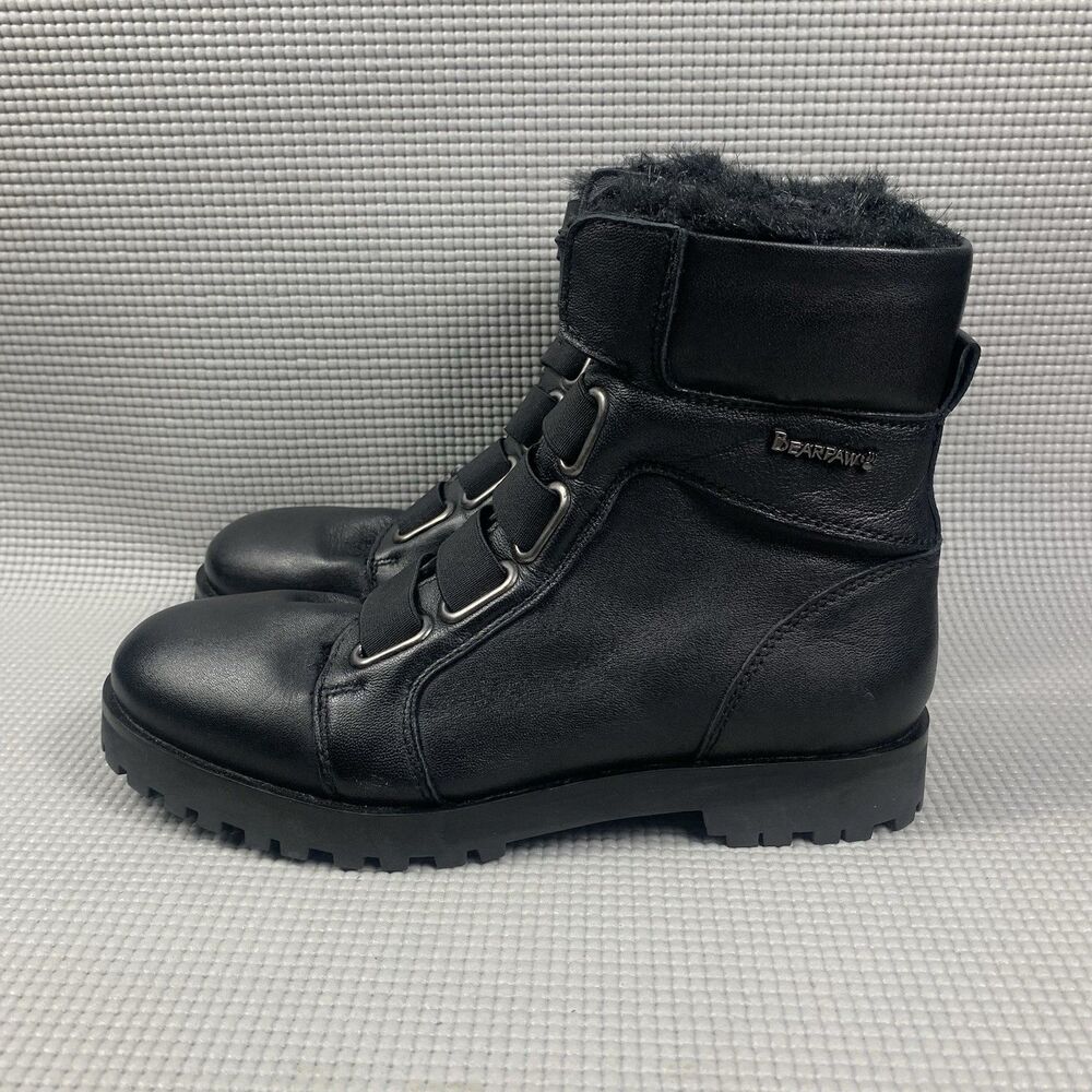 BEARPAW Vivian BOOT 8 Black SHEEP Nappa LEATHER Ankle Short Hiking Biker Fur